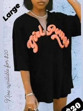 Black Oversized Tee with Coral "girl power" Script